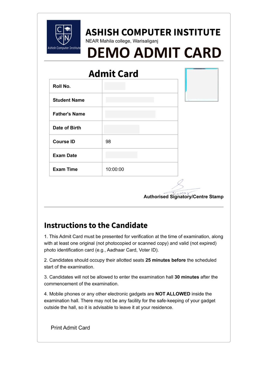 Sample Admit Card
